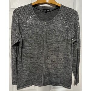 Black Rivet‎ Women's Metallic Silver Rivets Trim Zip Front Cardigan
